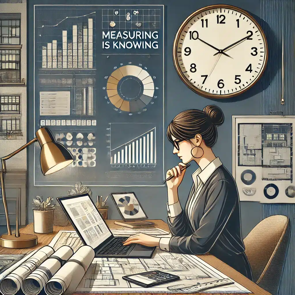 Interieurontwerper analyseert projectcijfers op een laptop, omringd door blauwdrukken, een klok en een moodboard. De afbeelding symboliseert het belang van tijdregistratie, facturatie en efficiënt projectbeheer in de interieurbranche.